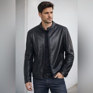 ZARA MAN Leather Black Biker Jacket Zipped Pockets  Size XL